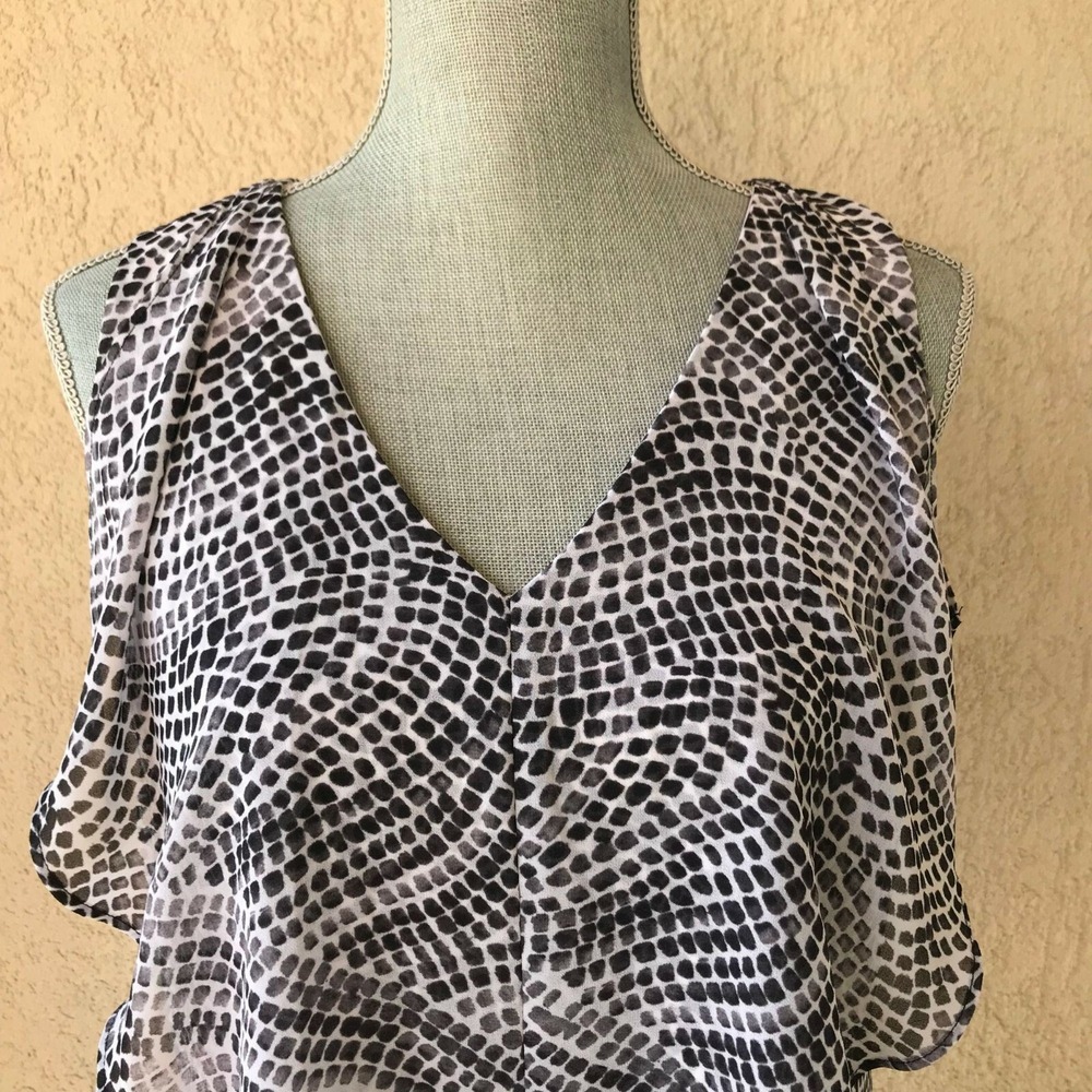 Womens Y2K Black White Printed Flutter Tank Top Sleeveless Blouse Small Chic - Picture 3 of 11